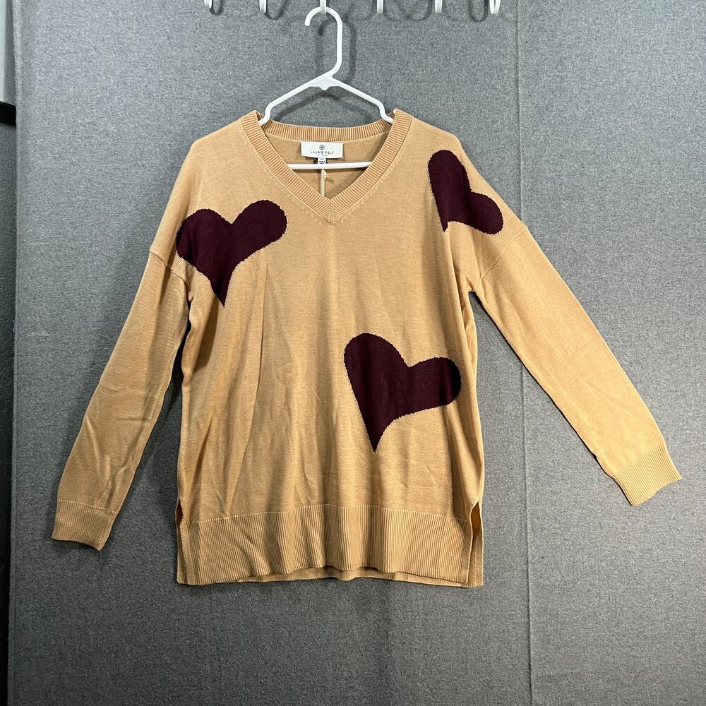 Laurie Felt Cashmere Blend Intarsia V-Neck Sweater Sand Hearts, X-Small